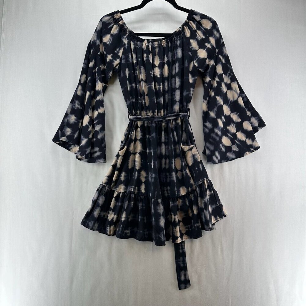 Vici Tyche Dress Womens Sz S Flared Sleeve Waist Tie Pullover Navy Beige Tie Dye